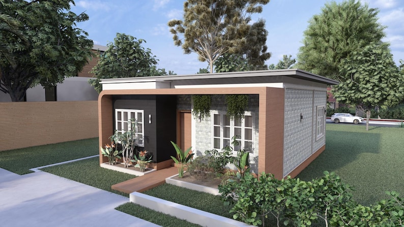 Peut inclure: Une maison moderne de plain-pied avec un toit plat et un design minimaliste. L'ext&eacute;rieur pr&eacute;sente une combinaison de textures, notamment une fa&ccedil;ade textur&eacute;e et des accents en bois. La verdure luxuriante entoure la maison, am&eacute;liorant son attrait.