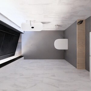 Op de afbeelding: Modern badkamerinterieur met witte armaturen en kasten. Voorzien van een wit toilet, wastafel en een grote zwarte kast met gouden hardware. De muren zijn grijs en de vloer is van witte marmeren tegels. Het ontwerp is minimalistisch en eigentijds.