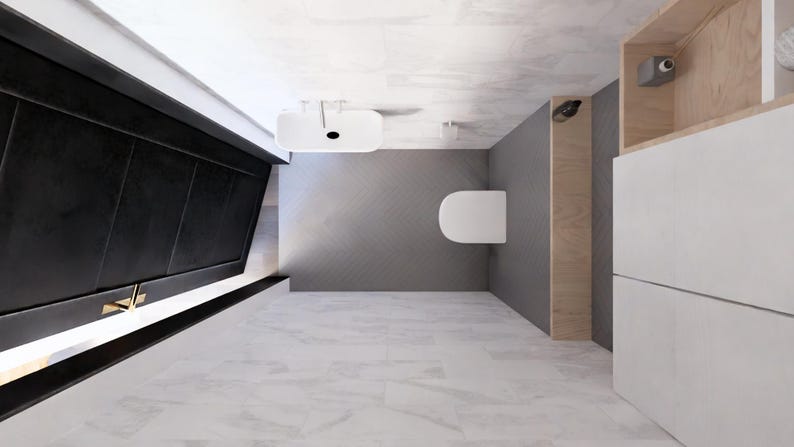 Op de afbeelding: Modern badkamerinterieur met witte armaturen en kasten. Voorzien van een wit toilet, wastafel en een grote zwarte kast met gouden hardware. De muren zijn grijs en de vloer is van witte marmeren tegels. Het ontwerp is minimalistisch en eigentijds.