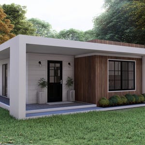 May include: A modern, minimalist home with a flat roof and a white exterior. The front door is black, and there are small potted plants on either side. The house has a wooden accent wall and a large window with black frames. The home is surrounded by green grass and trees.