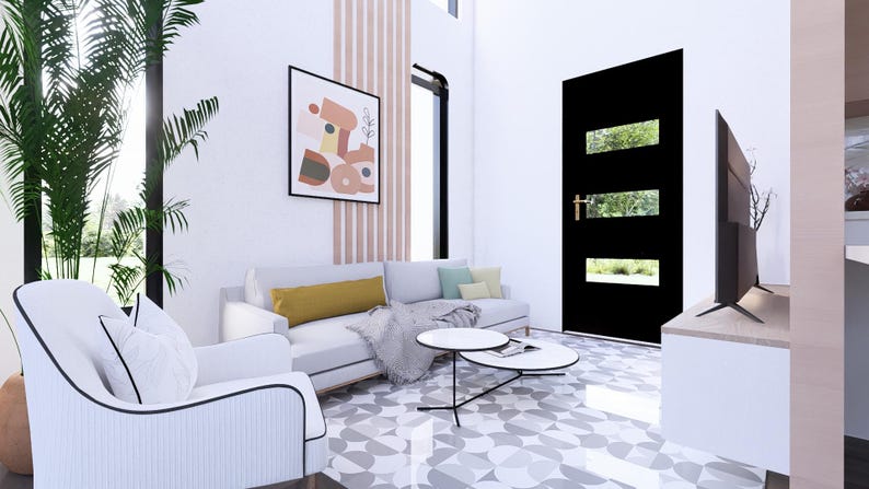 May include: A contemporary living room featuring a white sofa, armchair, and walls. A black door with rectangular windows and abstract art. Two round coffee tables and a large TV are also present, creating a stylish interior.