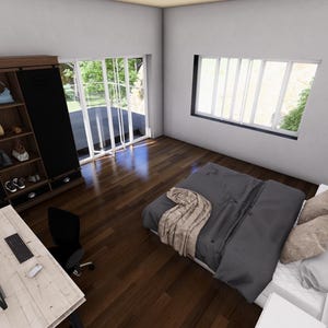 May include: A modern bedroom interior with a dark wood floor, a bed with gray bedding, and a large wardrobe. A desk with a computer monitor and a chair are also visible. The room has a window and a balcony door.