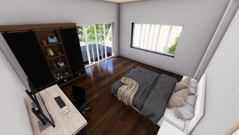 May include: A modern bedroom interior with a dark wood floor, a bed with gray bedding, and a large wardrobe. A desk with a computer monitor and a chair are also visible. The room has a window and a balcony door.