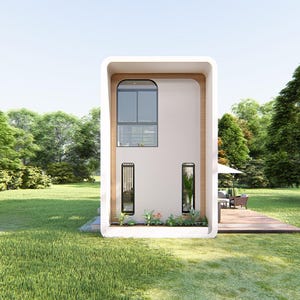 May include: A contemporary house design with a white facade and a curved, light wood frame. The house features a large arched window, two vertical windows, and a small garden. The house is set in a green garden with trees.