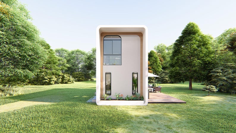 May include: A contemporary house design with a white facade and a curved, light wood frame. The house features a large arched window, two vertical windows, and a small garden. The house is set in a green garden with trees.