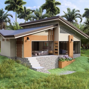 May include: A contemporary house featuring a grey roof, beige walls, and wooden detailing. Large windows provide views of the interior. The house is situated on a grassy slope, surrounded by palm trees and verdant foliage.