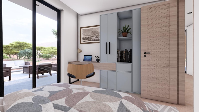K&ouml;nnte beinhalten: Ein modernes Schlafzimmer-Interieur mit Schreibtisch, Stuhl und Einbauschrank. Ein Laptop steht auf dem Schreibtisch, und eine Topfpflanze befindet sich auf einem Regal. Ein gro&szlig;es Fenster bietet einen Blick auf eine Au&szlig;enterrasse mit M&ouml;beln.
