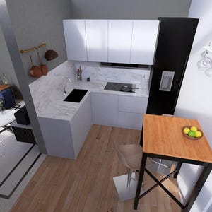 May include: An overhead view of a modern, compact kitchen and living space. The kitchen features white cabinets, a marble countertop, and a black stovetop. A small wooden table with a bowl of lemons sits nearby. A blue sofa and white rug complete the living area.