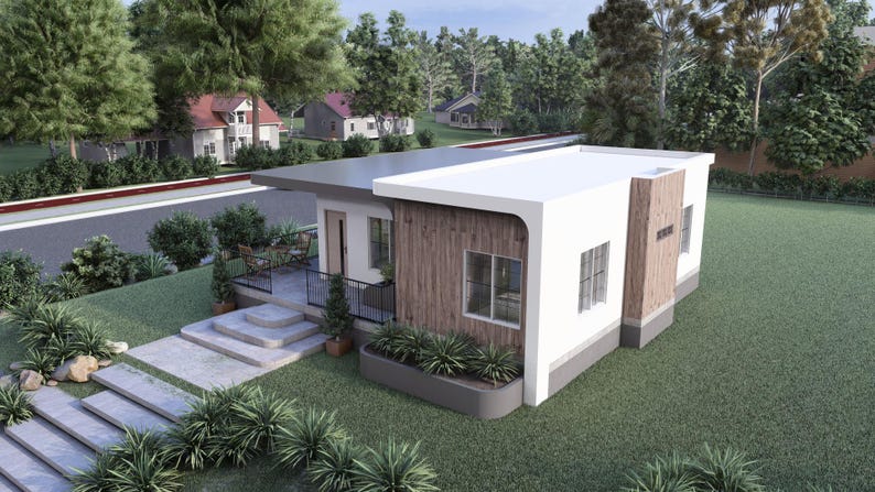 May include: A modern, single-story house with a flat roof and a combination of white and wood-paneled exterior. The house has a small porch with a black railing and a concrete walkway leading to the entrance. The house is surrounded by green grass and trees.