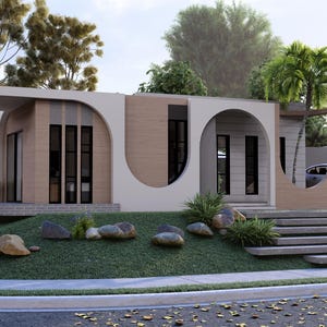 May include: A single-story house featuring a beige and light brown facade with prominent arched architectural elements, vertical windows, and a set of wide concrete steps leading to the entrance, situated on a grassy lot with scattered rocks.