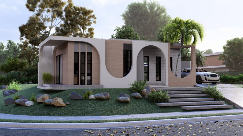 May include: A single-story house featuring a beige and light brown facade with prominent arched architectural elements, vertical windows, and a set of wide concrete steps leading to the entrance, situated on a grassy lot with scattered rocks.