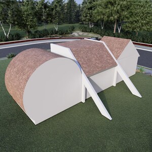 May include: An architectural rendering of a modern structure with a white facade and brown roofing. The building has a unique design with curved and angular sections. The structure is set on a green lawn, with a road and trees in the background.