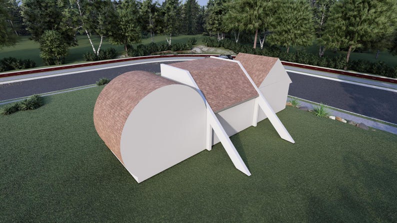 May include: An architectural rendering of a modern structure with a white facade and brown roofing. The building has a unique design with curved and angular sections. The structure is set on a green lawn, with a road and trees in the background.