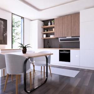 May include: Modern kitchen interior with white cabinets, wooden accents, and a brick wall. A dining table with four chairs is set in front of a large window. The room features a built-in oven and a decorative plant.