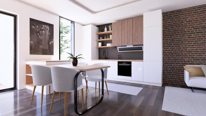 May include: Modern kitchen interior with white cabinets, wooden accents, and a brick wall. A dining table with four chairs is set in front of a large window. The room features a built-in oven and a decorative plant.