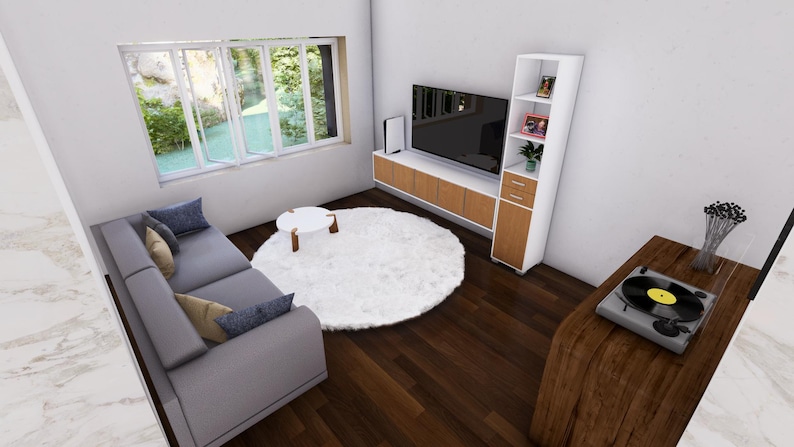 May include: An interior shot of a modern living room with a gray sectional sofa, a white round rug, and a wooden coffee table. A large TV is mounted on a wooden cabinet. A record player sits on a wooden side table. A large window provides natural light.