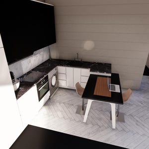 May include: An interior design rendering of a modern kitchen and dining area. The kitchen features white cabinets, a black countertop, and stainless steel appliances. A black table with a wooden top and two chairs is in the dining area. The floor has a herringbone pattern.