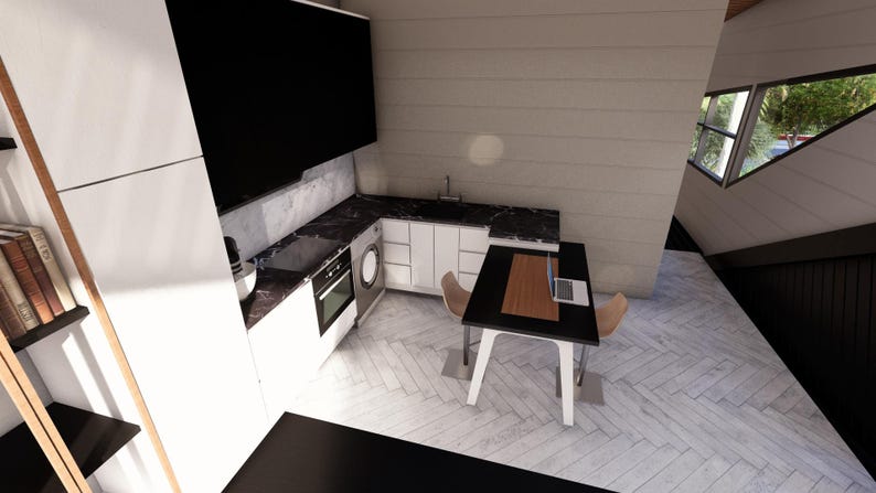 May include: An interior design rendering of a modern kitchen and dining area. The kitchen features white cabinets, a black countertop, and stainless steel appliances. A black table with a wooden top and two chairs is in the dining area. The floor has a herringbone pattern.