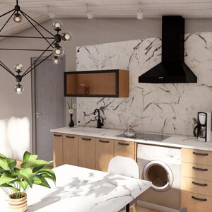 May include: A contemporary kitchen featuring light wood cabinets, a marble effect splashback, and a black extractor fan. A black chandelier hangs above a white marble table with a potted plant. A black fridge is visible.