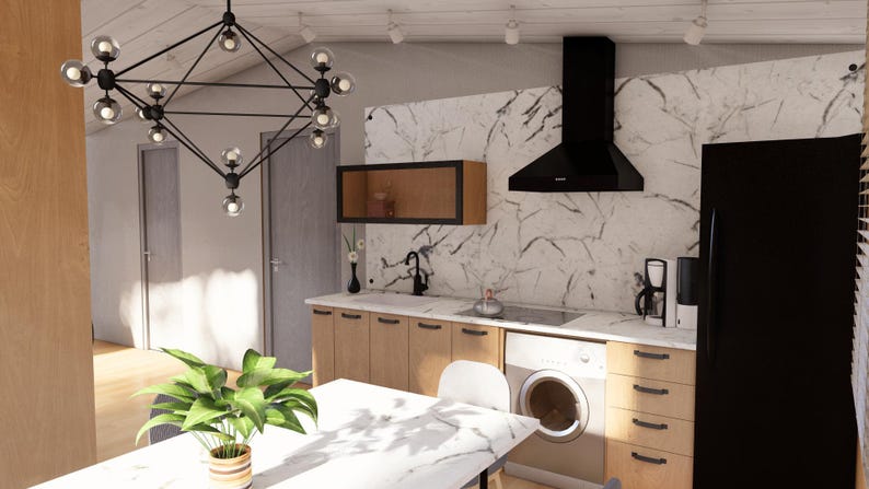 May include: A contemporary kitchen featuring light wood cabinets, a marble effect splashback, and a black extractor fan. A black chandelier hangs above a white marble table with a potted plant. A black fridge is visible.