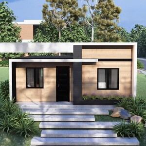 Puede incluir: Una casa moderna de una sola planta con exterior de madera clara y techo plano. La casa tiene una puerta principal y ventanas negras, con un peque&ntilde;o jard&iacute;n al frente. Una entrada para autos y coches son visibles en el fondo.