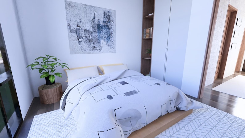Peut inclure: Int&eacute;rieur de chambre avec un lit recouvert d'une couette blanche &agrave; motifs g&eacute;om&eacute;triques. Une plante en pot repose sur une souche de bois et une peinture abstraite est accroch&eacute;e au mur. Une armoire encastr&eacute;e et une porte sont &eacute;galement visibles.