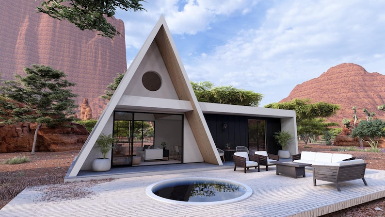 K&ouml;nnte beinhalten: Ein modernes A-Frame-Haus mit wei&szlig;er Fassade und gro&szlig;er Glasfront. Das Haus hat ein kreisf&ouml;rmiges Fenster und eine Terrasse mit einem kleinen Pool. Zu den Sitzgelegenheiten im Freien geh&ouml;ren ein Sofa, St&uuml;hle und ein Couchtisch. Der Hintergrund zeigt rote Felsformationen und einen blauen Himmel.