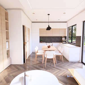 May include: Interior view of a modern living space with a kitchen and dining area. The room features white walls, wooden floors, and a combination of white and light wood furniture. A dining table with four chairs is set up near the kitchen.