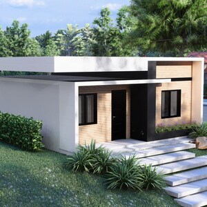 Puede incluir: Una casa moderna de una sola planta con techo plano y dise&ntilde;o minimalista. El exterior presenta paredes blancas, paneles de madera y marcos de ventanas negros. Un peque&ntilde;o jard&iacute;n con c&eacute;sped verde y escalones de piedra conduce a la puerta principal.