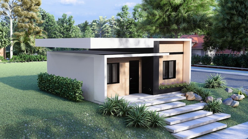 Puede incluir: Una casa moderna de una sola planta con techo plano y dise&ntilde;o minimalista. El exterior presenta paredes blancas, paneles de madera y marcos de ventanas negros. Un peque&ntilde;o jard&iacute;n con c&eacute;sped verde y escalones de piedra conduce a la puerta principal.