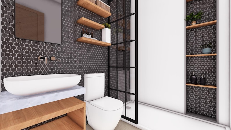 Puede incluir: Dise&ntilde;o de ba&ntilde;o moderno con un lavabo ovalado blanco sobre una encimera de m&aacute;rmol, un inodoro blanco y estantes de madera. Las paredes est&aacute;n decoradas con azulejos hexagonales de color gris oscuro. Se ve una puerta de ducha con marco negro.