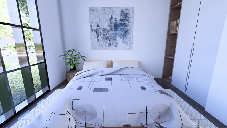 Peut inclure: Chambre moderne avec lit recouvert d'une couette blanche &agrave; motifs g&eacute;om&eacute;triques. Une grande fen&ecirc;tre &agrave; encadrement noir est &agrave; gauche. Une peinture est accroch&eacute;e au-dessus du lit et une petite plante est sur une table en bois.