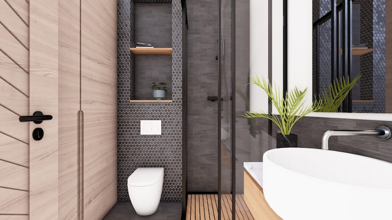 K&ouml;nnte beinhalten: Modernes Badezimmer-Design mit wei&szlig;er Toilette, geschwungenem wei&szlig;em Waschbecken und Glasdusche. Die W&auml;nde sind eine Mischung aus Holz und dunkelgrauen Fliesen, mit einem eingebauten Regal und einer kleinen Topfpflanze. Ein gro&szlig;er Spiegel reflektiert den Raum.