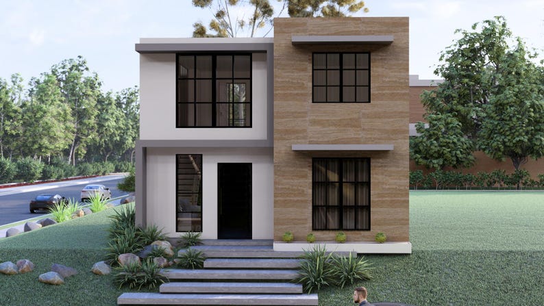 Puede incluir: Una casa moderna de dos pisos con un exterior blanco y beige. La casa presenta grandes ventanas con marcos negros, una puerta principal oscura y un peque&ntilde;o jard&iacute;n delantero con paisajismo. Una carretera y &aacute;rboles son visibles en el fondo.