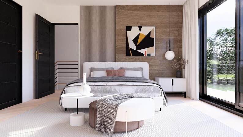 Op de afbeelding: Een moderne slaapkamer met een wit bed, bijzettafels en een poef met patroon. De kamer heeft een groot raam, zwarte deuren en een geometrisch kunstwerk. Het kleurenpalet omvat wit, bruin en zwart.