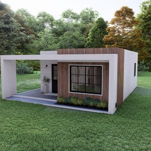 May include: A modern, minimalist house with a flat roof and a covered porch. The exterior features white walls, wood paneling, and a large window with black trim. The house is surrounded by green grass and trees.