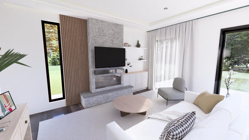 Op de afbeelding: Moderne woonkamer met een witte bank, grijze fauteuil en een ronde houten salontafel. De kamer heeft een open haard met een aan de muur gemonteerde tv, een groot raam en een neutraal kleurenpalet.