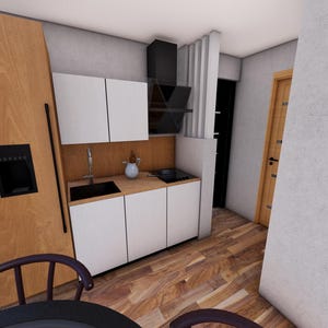 May include: A modern kitchen design featuring light wood cabinetry and a large refrigerator. The kitchen includes a black sink, stovetop, and range hood. The flooring is a light wood pattern.