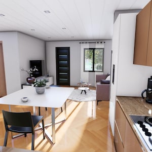 Puede incluir: Vista interior de un espacio habitable moderno con cocina y comedor. La cocina cuenta con armarios marrones, una placa de cocina y una cafetera. El comedor tiene una mesa blanca y una silla negra. El sal&oacute;n incluye un sof&aacute; y una ventana.