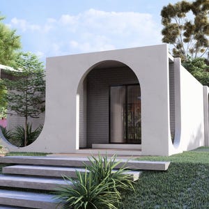 May include: Architectural rendering of a modern, minimalist building with a white facade and arched openings. The building has a flat roof and large glass doors. Landscaping includes green grass, shrubs, and trees. A set of concrete steps leads to the entrance.