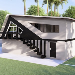May include: A modern, two-story house with a white exterior and black accents. The design features a sloped roof, a staircase leading to a balcony, and a black door. Palm trees and a black car are visible in the background.