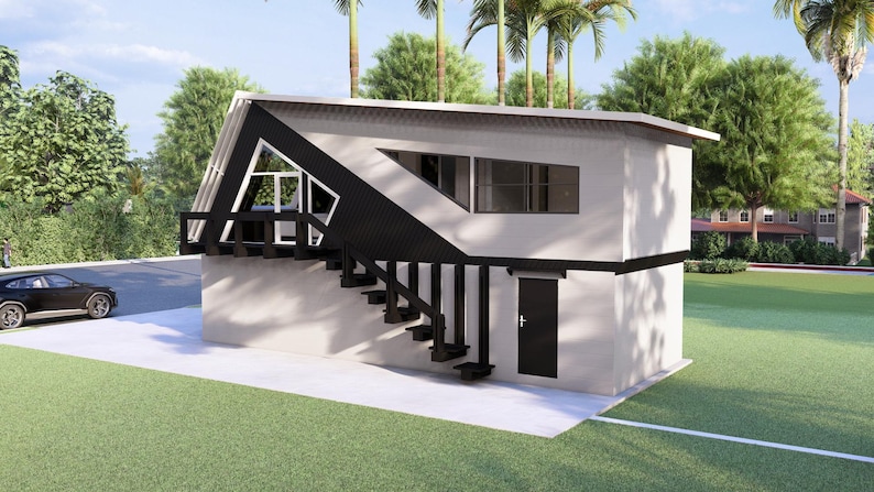 May include: A modern, two-story house with a white exterior and black accents. The design features a sloped roof, a staircase leading to a balcony, and a black door. Palm trees and a black car are visible in the background.