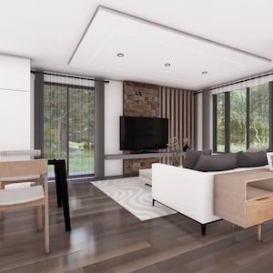 Puede incluir: Un sal&oacute;n moderno con un sof&aacute; blanco, un centro de entretenimiento de madera y una gran ventana con vistas a los &aacute;rboles. La habitaci&oacute;n tiene un suelo de madera clara y paredes blancas.