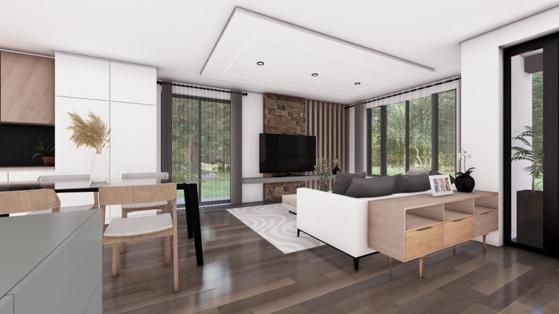 Puede incluir: Un sal&oacute;n moderno con un sof&aacute; blanco, un centro de entretenimiento de madera y una gran ventana con vistas a los &aacute;rboles. La habitaci&oacute;n tiene un suelo de madera clara y paredes blancas.