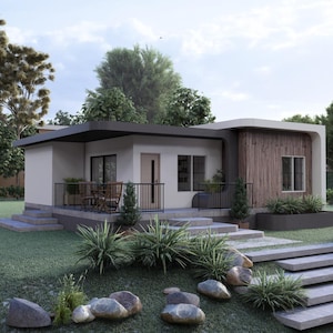 May include: A modern, single-story house with a flat roof and a wooden facade. The house has a small porch with a black railing and a set of stairs leading up to the front door. Landscaping includes a green lawn, bushes, and stepping stones.