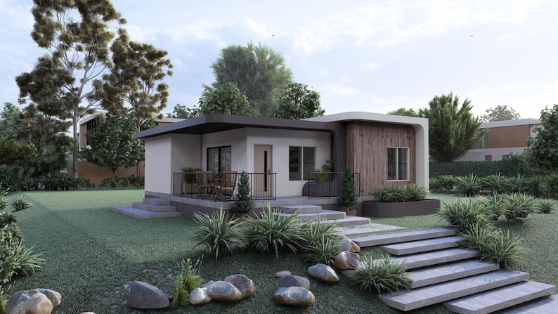 May include: A modern, single-story house with a flat roof and a wooden facade. The house has a small porch with a black railing and a set of stairs leading up to the front door. Landscaping includes a green lawn, bushes, and stepping stones.