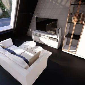 May include: Modern living room with white sofa, small round tables, and a white entertainment center. A large flat-screen TV is mounted above the entertainment center. A large window provides natural light. The room has a minimalist design.
