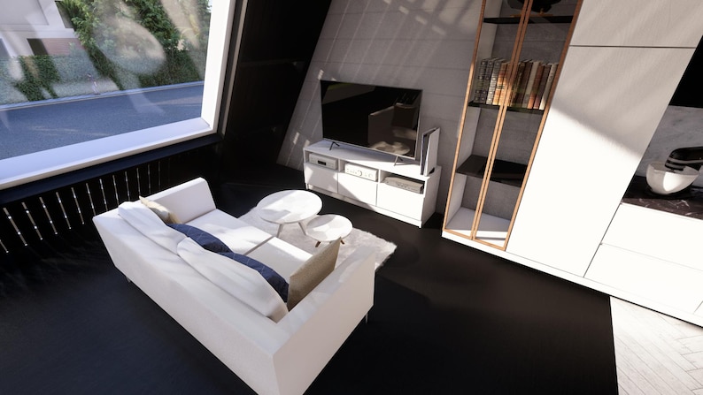 May include: Modern living room with white sofa, small round tables, and a white entertainment center. A large flat-screen TV is mounted above the entertainment center. A large window provides natural light. The room has a minimalist design.