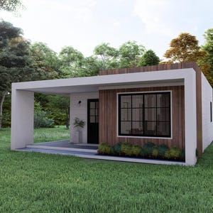 Modern SMALL House FLOORPLAN + ELEVATION | 7x9 Meters Modern Small House with 2 bedrooms, 1 bathroom and a modern living room