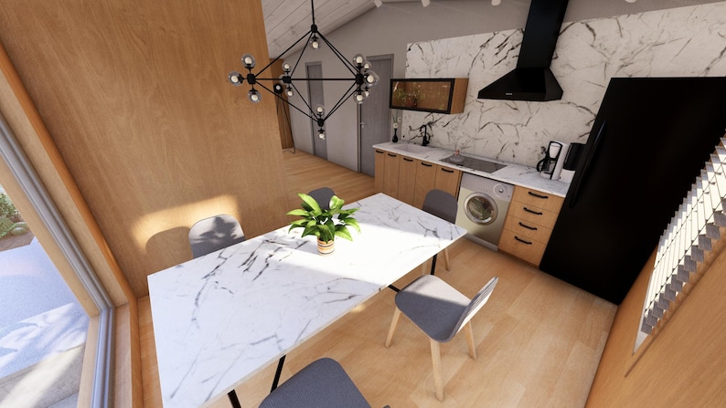 May include: Interior view of a modern kitchen and dining space. It features a white marble dining table with grey chairs, wooden flooring, and a kitchen with wooden cabinets and a marble splashback. A black chandelier hangs above the table.